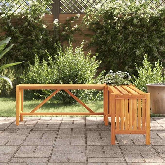 Solid Acacia Wood Garden Corner Bench with Planter Box Brown Crescent 46.1x46.1x15.7in Outdoor Furniture for Patio Balcony Garden