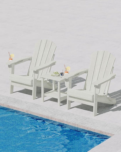 Folding Adirondack Chair Set of 4, All-Weather HDPE Outdoor Chair, Wooden Textured with Cup Holder for patios, Decks, Gardens, fire pits, White