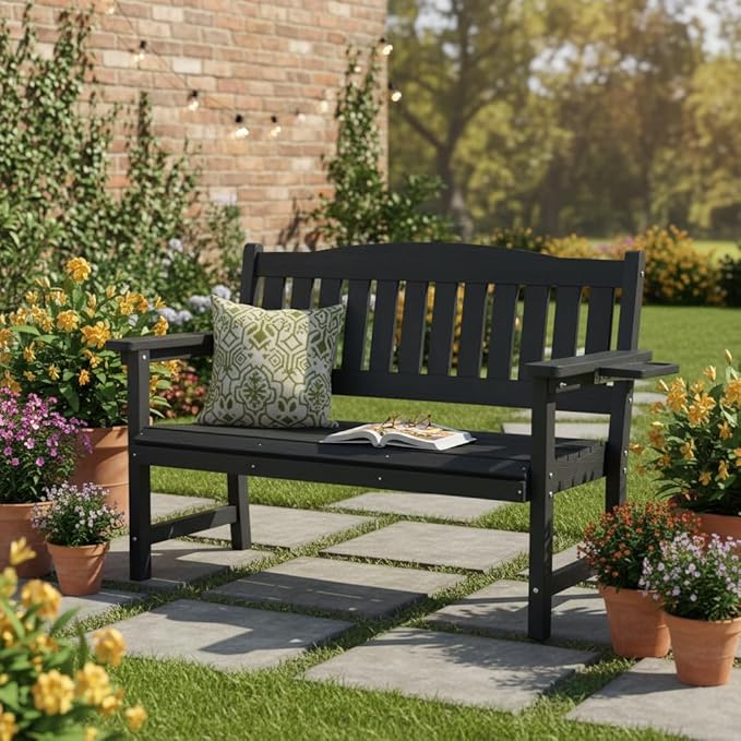 2-Person HIPS Outdoor Bench, Weatherproof Garden Bench with 800 lbs Weight Capacity, Artificial Wood Grains, Never Rot or Fade, Patio Benches for Garden, Porch, Balcony, Backyard,Park, Black