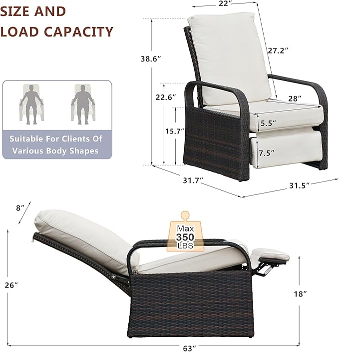 ATR ART TO REAL Outdoor Recliner, Set of 2 Wicker Reclining Chair with Coffee End Side Table - Photo 2