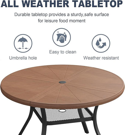 VICLLAX Round Patio Dining Table, 4 Person Aluminum Outdoor Dining Table with Umbrella Hole and Storage Shelf for Garden Lawn Deck, 40.6" Walnut