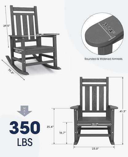 KINGYES Oversized Outdoor Rocking Chair Set of 8, All-Weather Patio Rocking Chairs for Porch, HDPE Outdoor Patio Rockers with High Back & Wide Seat for Garden, Lawn, Gray