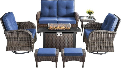 7 Pieces Outdoor Furniture with Fire Pit Deep Seating Outdoor Glider Loveseat with Patio Swivel Chairs Outdoor Furniture Set for Deck Porch Garden Balcony Poolside-Brown/Blue