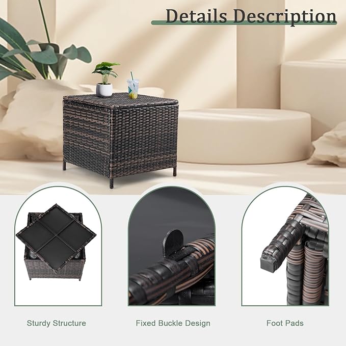 Outvita Outdoor Side Table, Rattan Coffee Table with Storage 27 Gallon Patio Small Deck Storage Box for Cushion Towel Books, Brown Side Table with lid