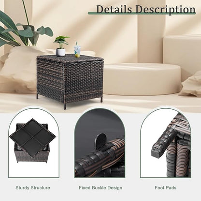 Outvita Outdoor Side Table, Rattan Coffee Table with Storage 27 Gallon Patio Small Deck Storage Box for Cushion Towel Books, Brown Side Table with lid