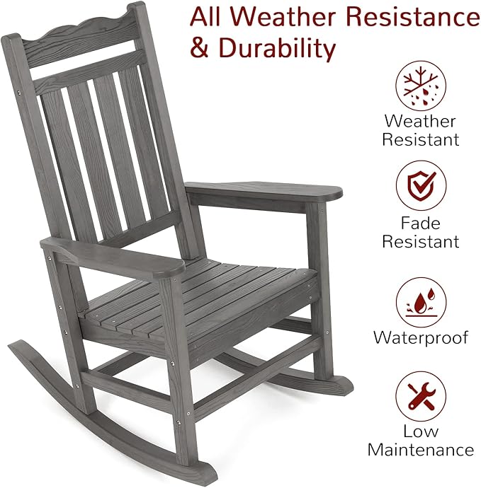 Stoog All-Weather Outdoor & Indoor Rocking Chairs Set of 2 with Table, 3 Piece Front Porch Rocker Set, 400Lbs Support Porch Rocker for Backyard, Lawn, Garden and Fire Pit, Grey