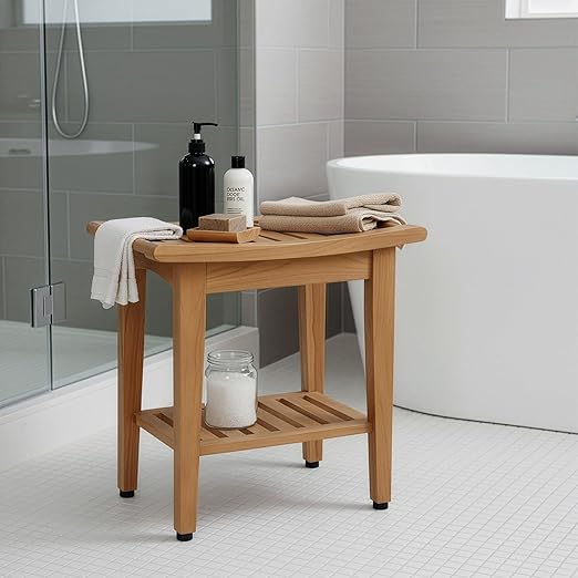 Kasa Solid Teak Indoor Outdoor Shower/Bath/Spa Stool Bench with Bottom Shelf, Fully Assembled, DB-916