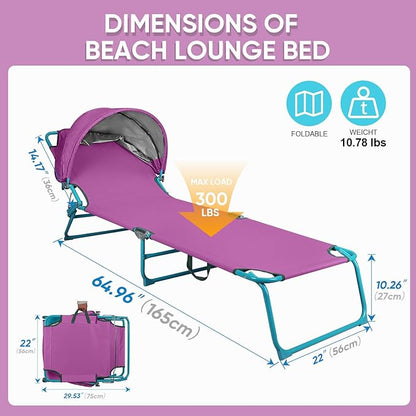 Colorsoul 2 Pack Tanning Chair with Sun Canopy,Adjustable 4-Position Beach Lounge Chair for Adults,Heavy Duty Folding Outdoor Lounge Chair,for Patio Poolside Sunbathing,UPF 50+,300 LBS,Purple