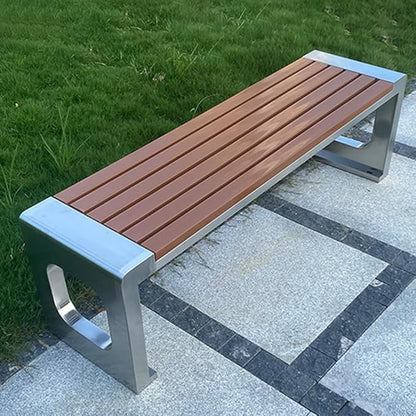 LITFAD Outdoor Indoor Bench Stainless Steel Metal Park Bench with Waterproof Brown Wood Seating Modern Garden Bench for Patio, Lawn, Yard, Porch - Type E 59" L x 16" W x 18" H