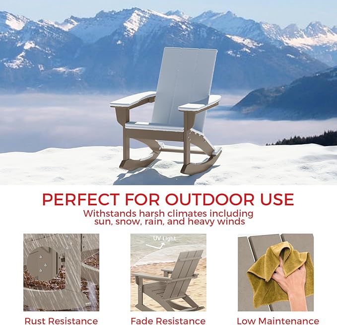 Costaelm Outdoor Adirondack Chair, All Weather Resistant Lawn Chairs Balcony Chair and Fire Pit Chairs, Patio Chair Outdoor Porch Rocking Chair High Back HDPE Poly Lumber, Weathered Wood