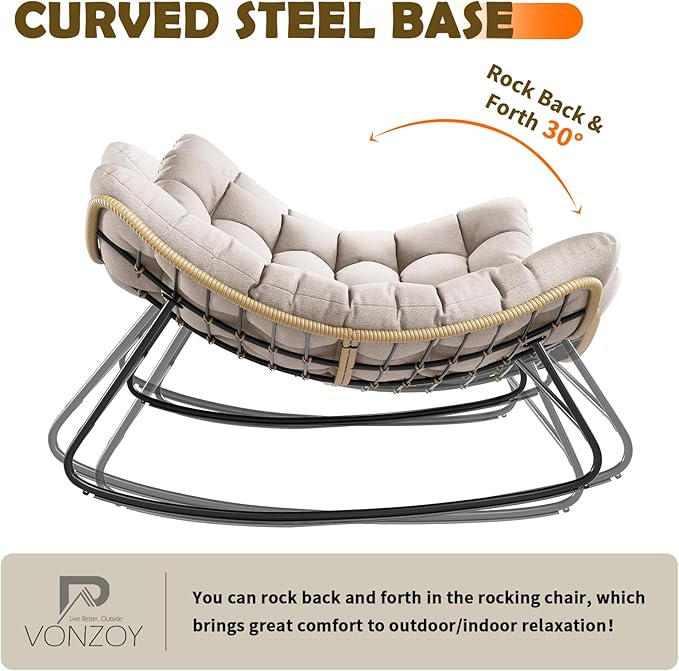Outdoor Rocking Chair, 2 PCS Indoor Papasan Chairs, Oversized Egg Rocking Chair with Thick Cushion, Rattan Wicker Rocker Lounge Chair for Bedroom, Living Room, Patio, Garden, Porch (Beige)