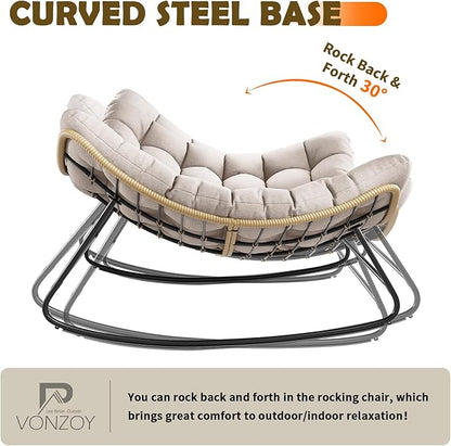 Outdoor Rocking Chair, 2 PCS Indoor Papasan Chairs, Oversized Egg Rocking Chair with Thick Cushion, Rattan Wicker Rocker Lounge Chair for Bedroom, Living Room, Patio, Garden, Porch (Beige)