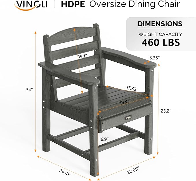 VINGLI Outdoor Dining Chairs Set of 4, HDPE Outdoor Patio Chairs All-Weather Durable Garden Seating for Poolside, Deck, Porch (Gray, 4 PCS)