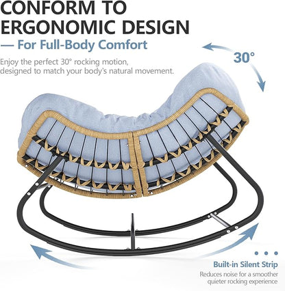 SWITTE Outdoor Rocking Chair, Oversized Patio Papasan Rocker, Comfy Wicker Reading Lounge, Indoor Egg Chair for Bedroom, Living Room, Porch, Garden, Lawn-Light Blue