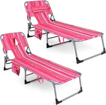 GYMAX Tanning Chair, Folding Beach Lounger with Face Arm Hole, Adjustable Backrest, Side Pocket & Carry Handle, Outside Sunbathing Lounge Chair for Patio, Poolside, Lawn (2, Pink Stripe)