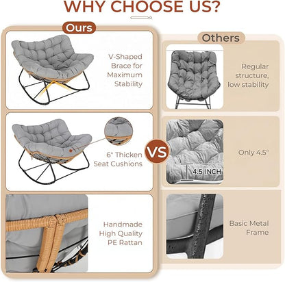 TLSUNNY Outdoor Papasan Rocking Chair, Oversized Padded Lounge Rocker with Cushion, Comfy Wicker Egg Lounge Chair, Large Indoor Rocking Recliner for Living Room/Porch/Garden (Grey)