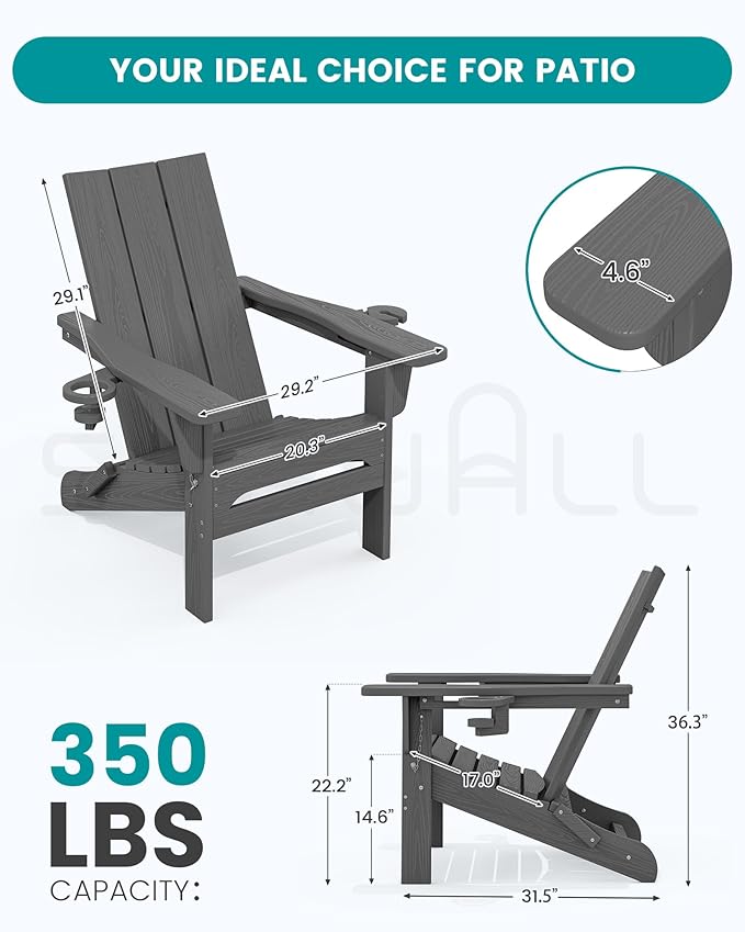 SERWALL Modern Folding Adirondack Chair Set 4, Outdoor, Relaxing, Grey, Polyethylene, Wood Finish, Arm Rest, Cup Holders - Photo 2
