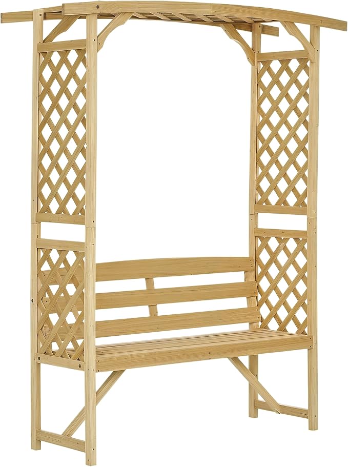 Outsunny Patio Garden Bench Arbor Arch with Pergola and 2 Trellises, 3 Seat Natural Wooden Outdoor Bench for Grape Vines & Climbing Plants, Backyard Decor, Natural