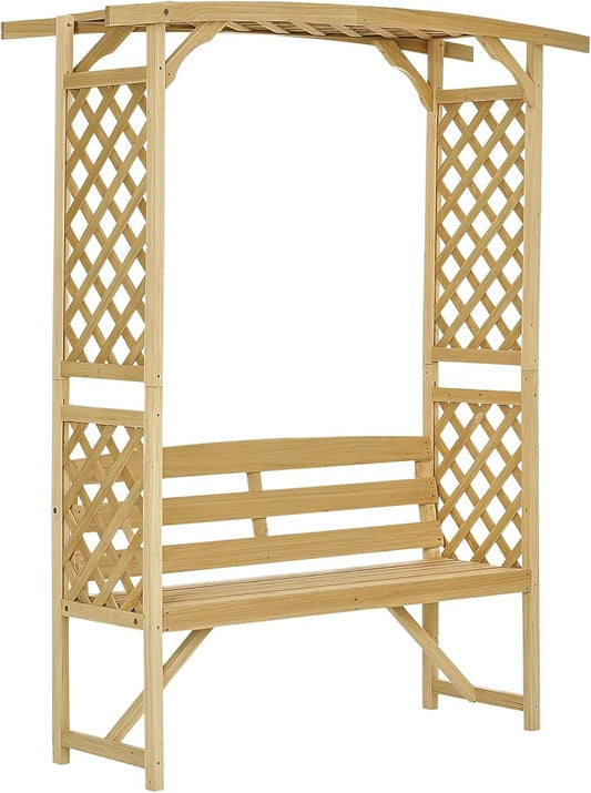 Outsunny Patio Garden Bench Arbor Arch with Pergola and 2 Trellises, 3 Seat Natural Wooden Outdoor Bench for Grape Vines & Climbing Plants, Backyard Decor, Natural