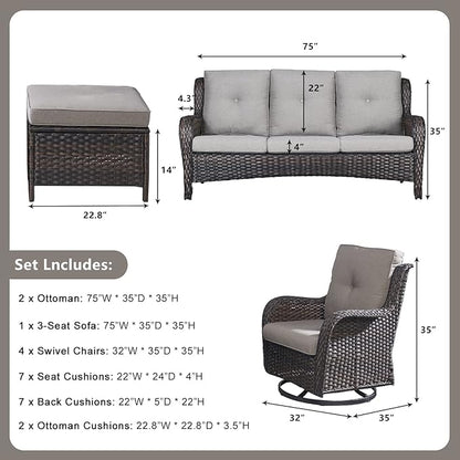Rilyson Wicker Patio Furniture Set - 7 Piece Rattan Outdoor Sectional Conversation Sets with 4 Swivel Rocking Chairs,2 Ottomans and 1 Sofa for Porch Deck Garden(Brown/Grey)