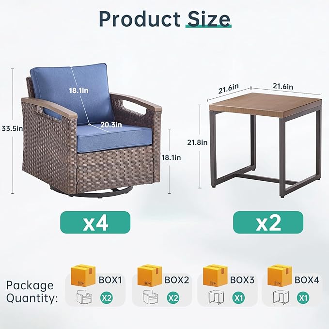 Luxury 4 Outdoor Swivel Rocker Patio Chairs with 2 Metal Side Table - Heavy Duty 6 Piece Patio Furniture Set All Weather Wicker Glider Set with Thick Cushion for Porch Poolside Deck - Blue