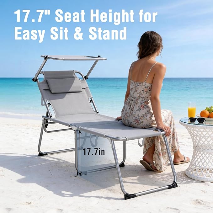 Unovivy Outdoor Lounge Chairs with Canopy Set of 2, Folding Tanning Chair with 5-Position Reclining Back - Photo 5