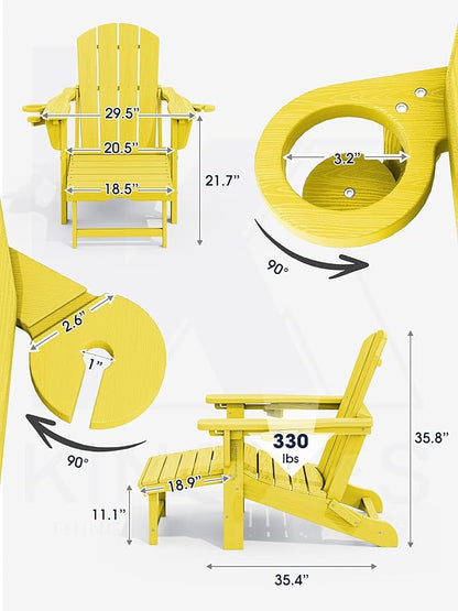 KINGYES Folding Adjustable Adirondack Chair with Ottoman & 2 Cup Holders, HDPE Adirondack Recliner Chair with Footrest, Yellow