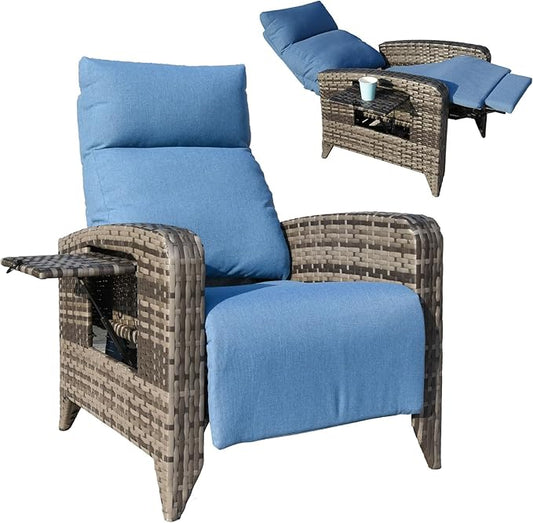 Upgraded Outdoor Recliner Chair, Reclining Patio Chairs with Adjustable Back up to 150°Lay Flat and Extended Footrest, Wicker Recliner Chairs with Flip Table and Removable Olefin Cushion