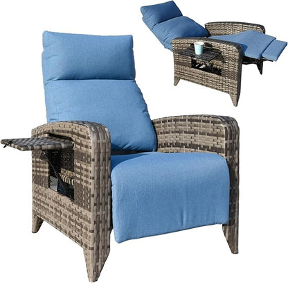 Outdoor Recliner Chairs Set of 2, Reclining Patio Chairs with Adjustable Back up to 150°Lay Flat and Extended Footrest, Wicker Recliner Chairs with Flip Table and Removable Olefin Cushion