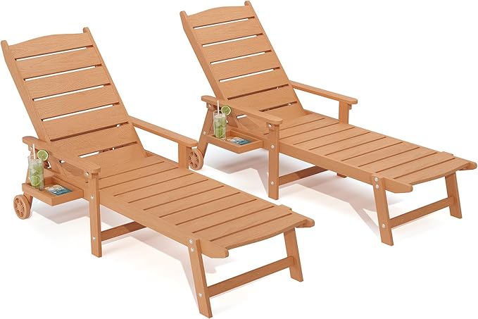 Pool Lounge Chairs Set of 2, 6.3ft Full-Length Patio Pool Lounge Chairs,5-Position Adjustable Backrest (Flat Recline), Flip-Down Side Tray,HIPS All-Weather for Poolside, Deck,Backyard, Beach