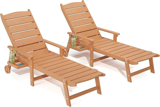 Pool Lounge Chairs Set of 2, 6.3ft Full-Length Patio Pool Lounge Chairs,5-Position Adjustable Backrest (Flat Recline), Flip-Down Side Tray,HIPS All-Weather for Poolside, Deck,Backyard, Beach