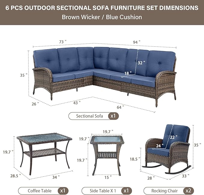 Belord Outdoor Furniture Set - 6 Pieces Patio Conversation Sectional Sofa Set with Patio Rocking Chairs Set of 2 and Wicker Coffee Table for Deck Backyard Sunroom Brown