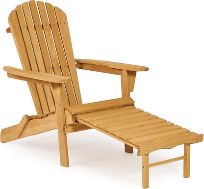 Wooden Folding Adirondack Chair with Ottoman, Pre-Assembled Backrest and Seat Board, Lounge Chair for Outdoor Patio Garden Lawn Backyard Firepit Deck Pool Beach