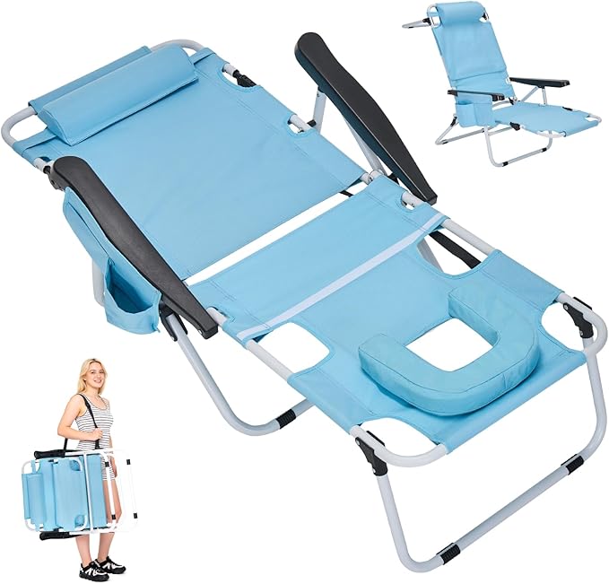 DoCred Heavy Duty Tanning Chair with Face Hole, Adjustable 5-Position Folding Chaise Lounge Chairs for Outside, Portable Lay Flat Beach Lounge Chair for Outdoor Sunbathing Beach Pool Lawn Camping