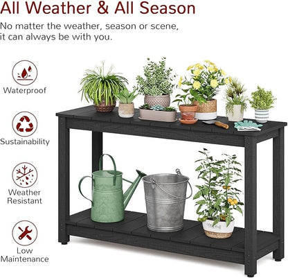 Stoog Outdoor Console Table, All-Weather 2-Tier Patio Console Table with Adjustable Feet, Low Maintenance, for Backyard, Garden, Entryway, and Deck, Black