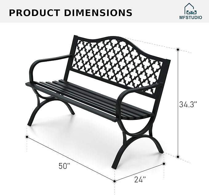 MFSTUDIO Outdoor Metal Bench Set of 2, 50" Black Outdoor Metal Garden Bench with Arch Legs - Photo 2