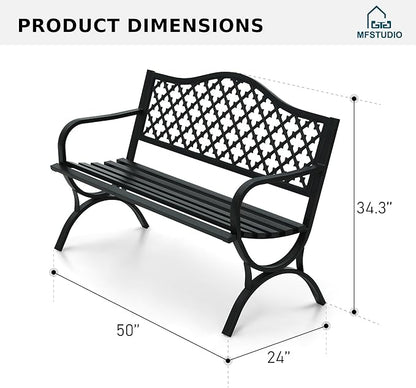 MFSTUDIO Outdoor Metal Bench Set of 2, 50" Black Outdoor Metal Garden Bench with Arch Legs, Cast Iron Frame Patio Furniture with E-Coating, Perfect for Porch and Yard