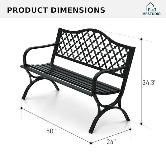 MFSTUDIO Outdoor Metal Bench Set of 2, 50" Black Outdoor Metal Garden Bench with Arch Legs, Cast Iron Frame Patio Furniture with E-Coating, Perfect for Porch and Yard