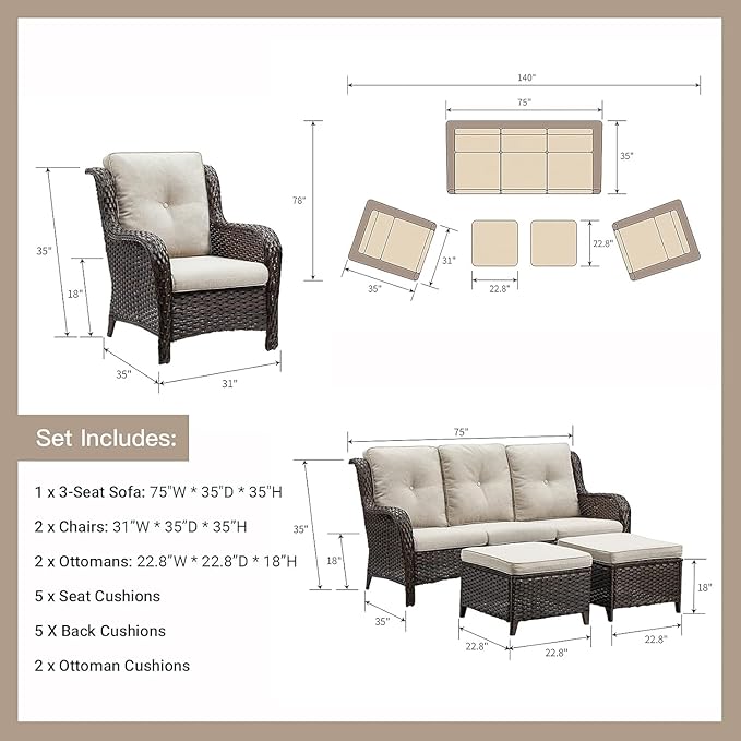 HUMMUH 6 Pieces Patio Furniture Set with Fire Pit Table High Back Outdoor Conversation Set Wicker Patio Couch Outdoor - Photo 2