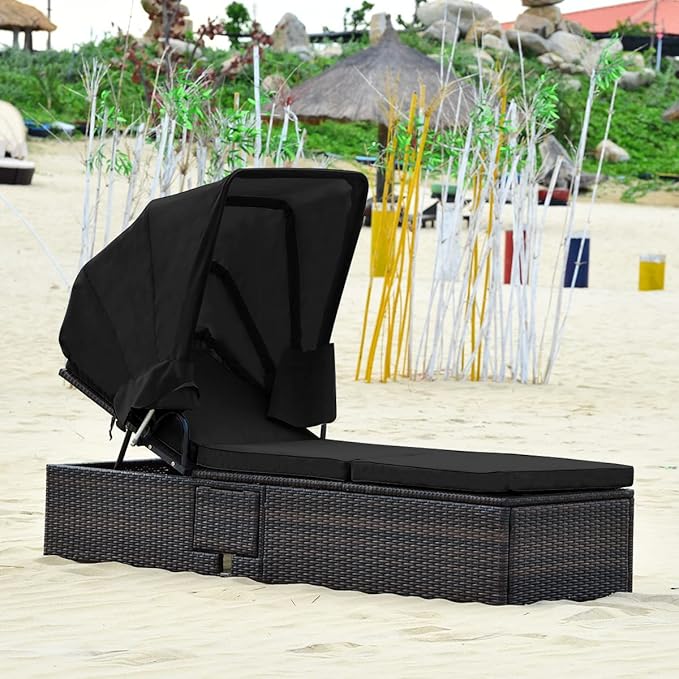 Tangkula 2PCS Outdoor Chaise Lounge Chair with Folding Canopy, Adjustable Cushioned Reclining Chair with Flip-up Tea Table, Rattan Sun Lounger for Beach Poolside Backyard Balcony Porch (2, Black)