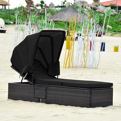 Tangkula 2PCS Outdoor Chaise Lounge Chair with Folding Canopy, Adjustable Cushioned Reclining Chair with Flip-up Tea Table, Rattan Sun Lounger for Beach Poolside Backyard Balcony Porch (2, Black)