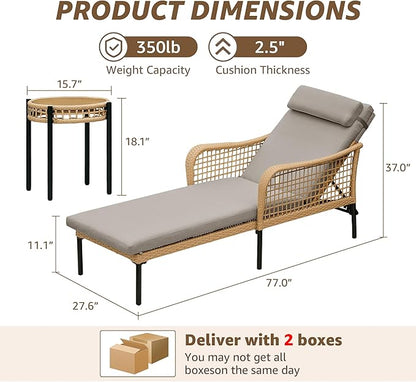 NATURAL EXPRESSIONS Aluminum Outdoor Chaise Lounge Chairs, Wicker Patio Lounge Chair Set of 2 with Side Table, 5-Position Recliner with Headrest Cushion for Yard, Pool (Shale)