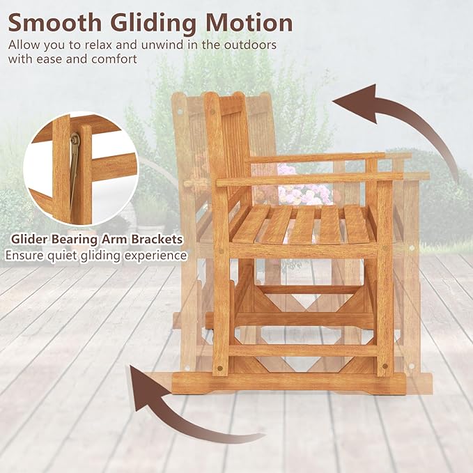 RELAX4LIFE 2-Person Outdoor Glider Bench - Acacia Wood Heavy Duty 800 LBS Double Swing Rocking Chair w/Slatted Seat, Backrest & Armrests, Loveseat Rocker for Porch Garden, 2-Seater Wooden Patio Glider