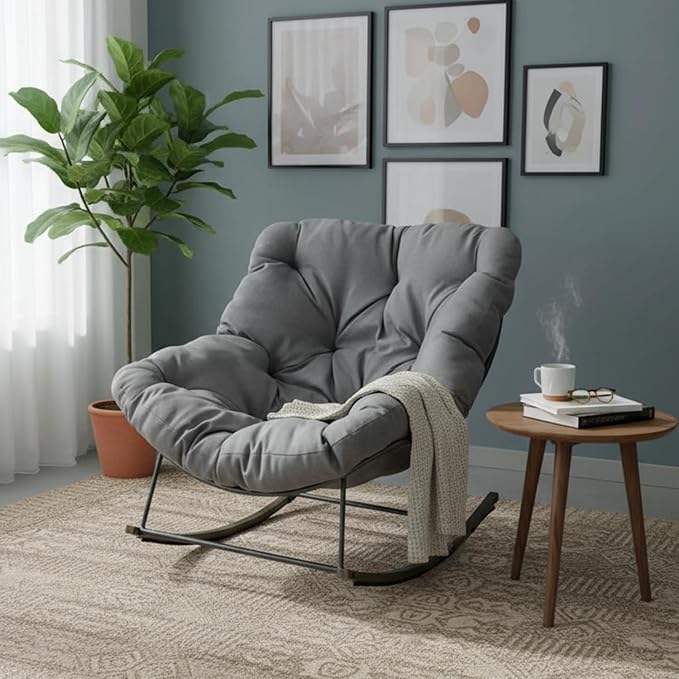 Outdoor Patio Rocking Chair, Oversized Papasan Chair with Cushion and Frame, Comfy Modern Rocker Egg Chair for Living Room, Garden Backyard,Grey2pc
