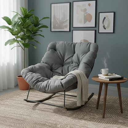 Outdoor Patio Rocking Chair, Oversized Papasan Chair with Cushion and Frame, Comfy Modern Rocker Egg Chair for Living Room, Garden Backyard,Grey