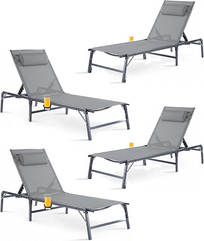 4 Pack Foldable Chaise Lounge Chair with Cup Holder - Photo 1