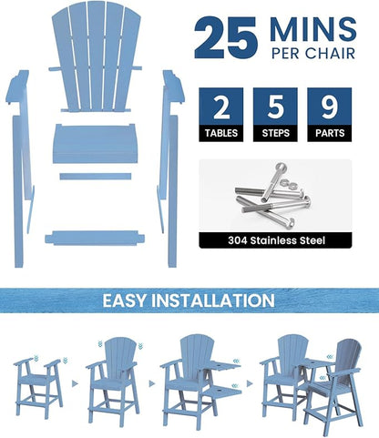 Ciokea Tall Adirondack Chairs Set of 2, HDPE Outdoor Adirondack Bar Stools with Double Connecting Tray, Weather Resistant High Back Adirondack Balcony Chairs for Deck, Lawn, Pool, Backyard, Baby Blue