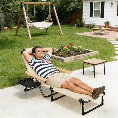 Folding Outdoor Chaise Lounge Chair, Portable Camping Cot with Headrest, 4 Position Beach Lounge with Cup Holders & Wooden Armrests, Sun Tanning Chair for Patio Pool Lawn, Supports 350lbs (Beige)