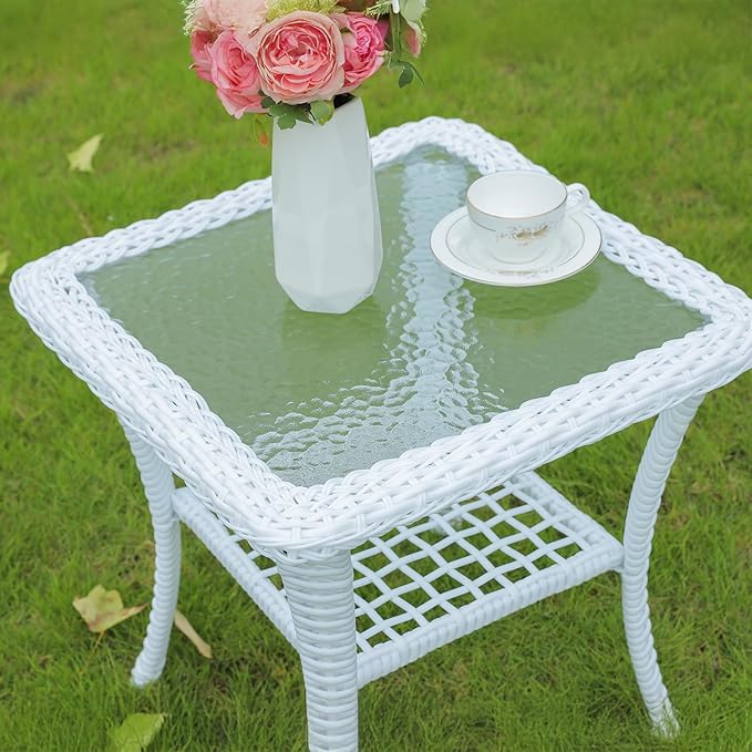 VIVIJASON Outdoor Wicker Side Table, All-Weather Rattan Patio Side Table Bistro Table with 2-Tier, Tempered Glass Top Square End Table for Indoor, Balcony, Garden, Porch, Deck, White
