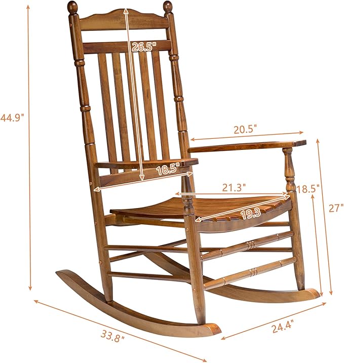 Bonnlo Wood Rocking Chair Outdoor with 450 lbs Support Relaxing Rocker Solid Wood High Back Seat Reclining Seat for Deck, Garden, Backyard, Porch, Indoor or Outdoor Use, Teak